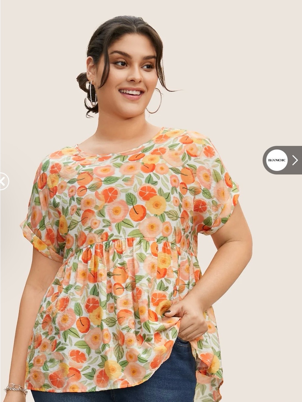 Bloomchic Fruit Print Curved Hem Batwing Sleeve Blouse - Size 18/20
